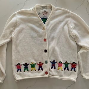 Lord & Taylor M White Cardigan w/ Children of the World New no Tag.